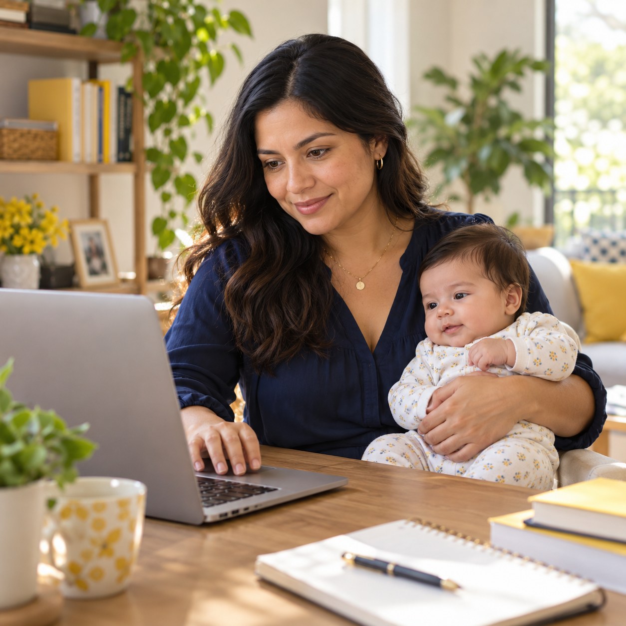 Mamá aprendiendo en su computadora con su bebé