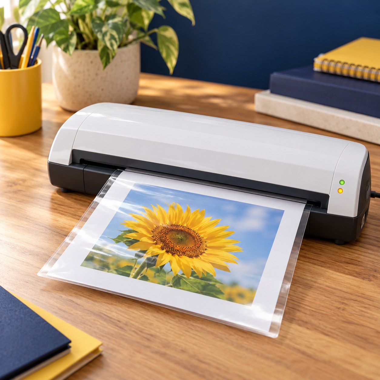 Laminadora con una hoja protegida en plástico transparente